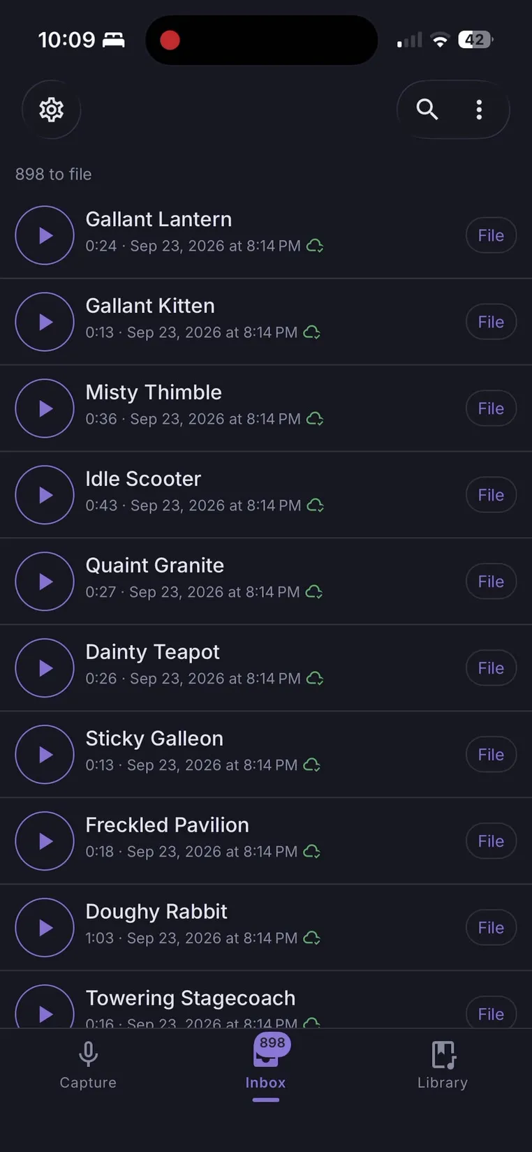 Unsorted clips list, right after recording