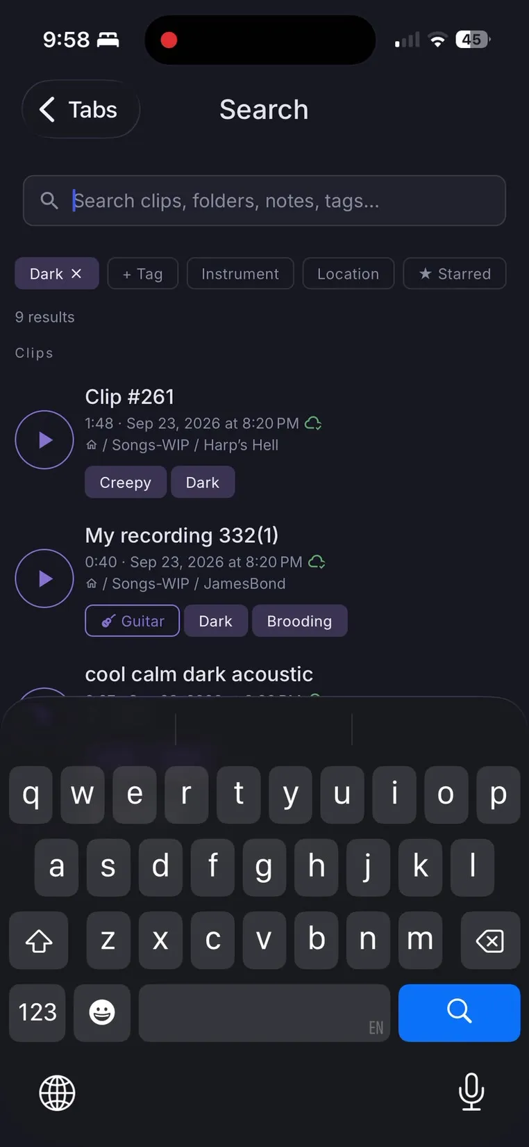 Search with mood/instrument filters applied