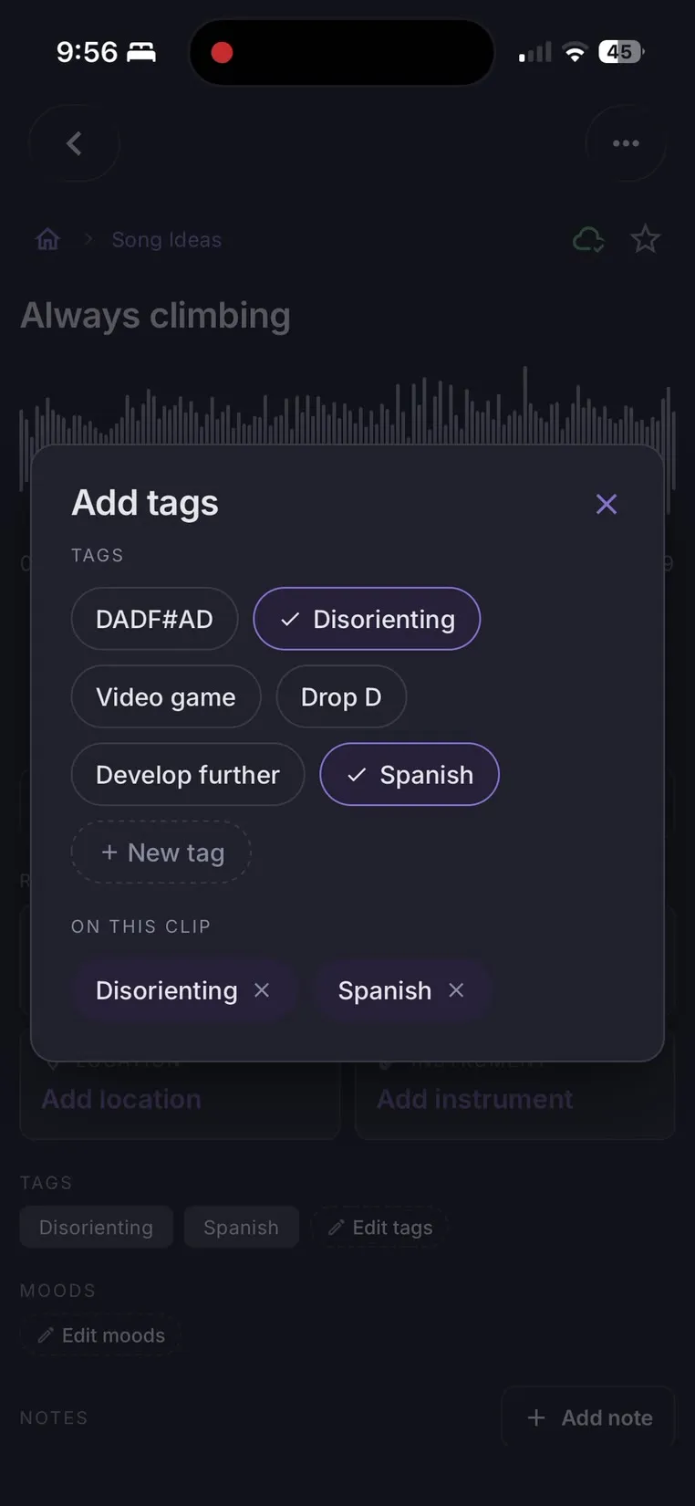 Clip detail showing tags, mood, instruments and location